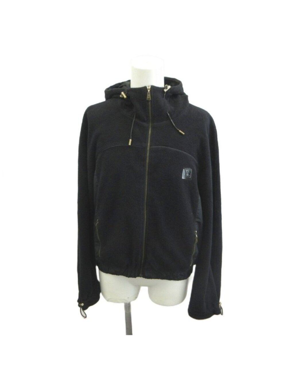 Louis Vuitton Fleece Jacket Hoodie Contrast Hood Zip Up Logo Black Long Sleeve S
